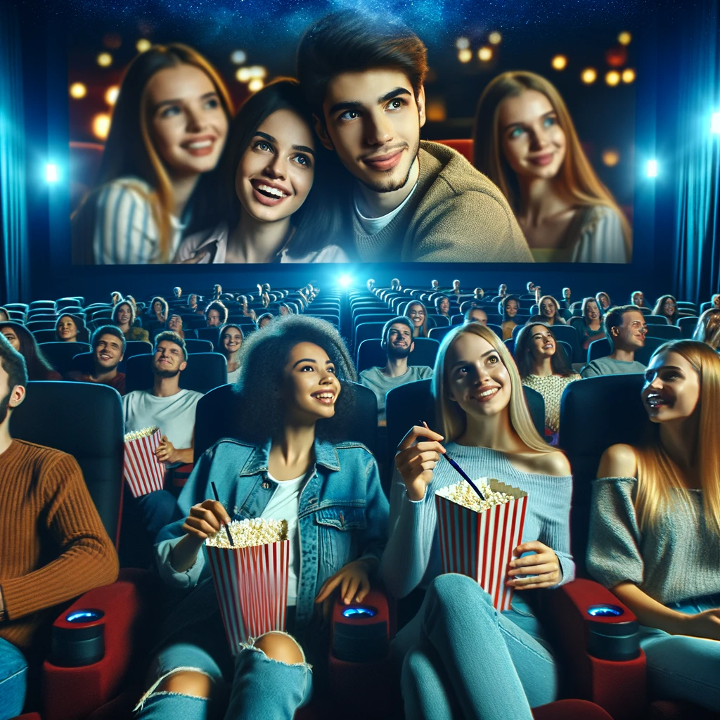 Respite Solutions for Persons with Care and Support Needs: Unique Breaks and Fun-Filled Activities 1 DALL·E 2023 12 15 10.47.49 A group of young adults enjoying a movie in a cinema depicting a fun and social atmosphere. The cinema is modern a