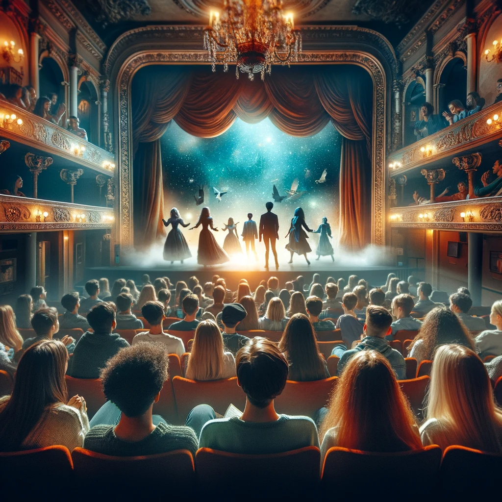 Respite Solutions for Persons with Care and Support Needs: Unique Breaks and Fun-Filled Activities 4 DALL·E 2023 12 15 10.57.24 A lively scene inside a theatre with young adults watching a captivating performance. The stage is lit up showcasi
