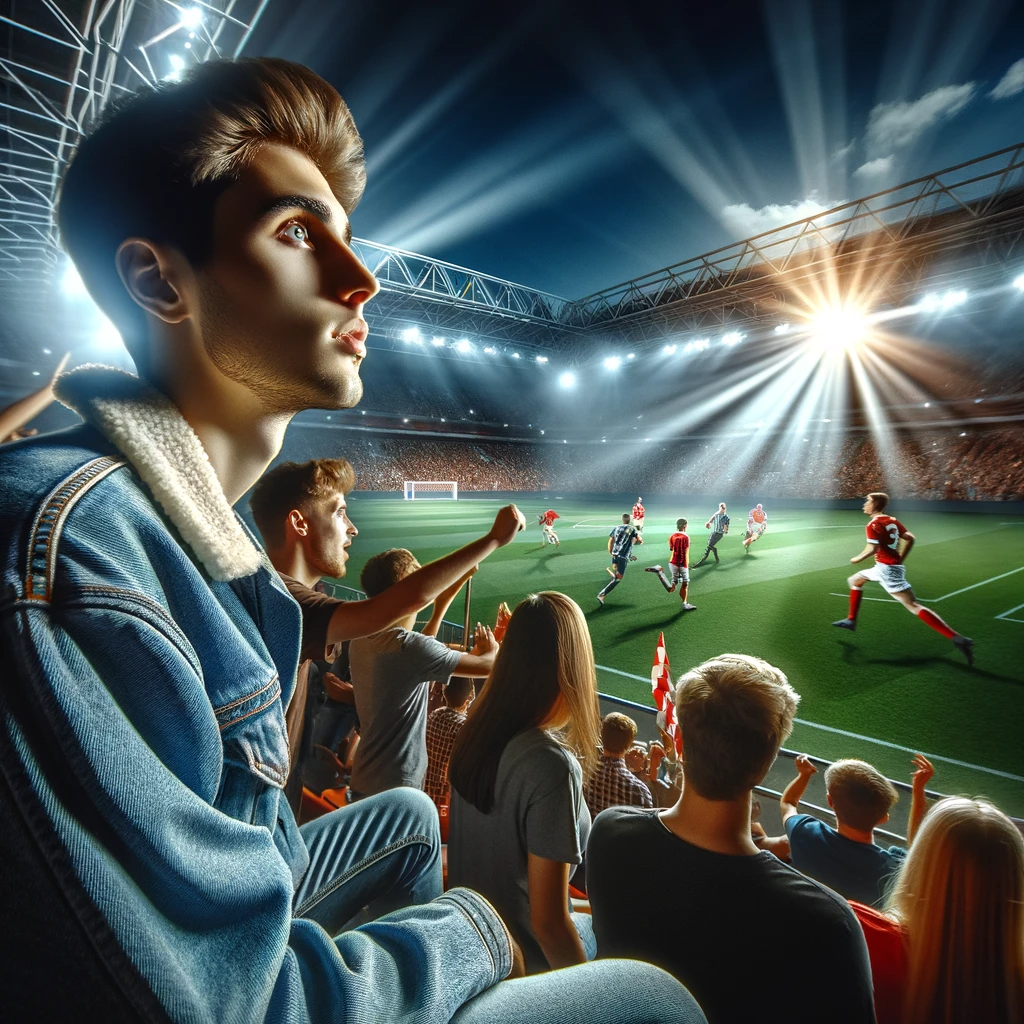 Respite Solutions for Persons with Care and Support Needs: Unique Breaks and Fun-Filled Activities 6 DALL·E 2023 12 15 10.59.19 A dynamic scene at a football game showing young adults experiencing the excitement of live sports. The image capt