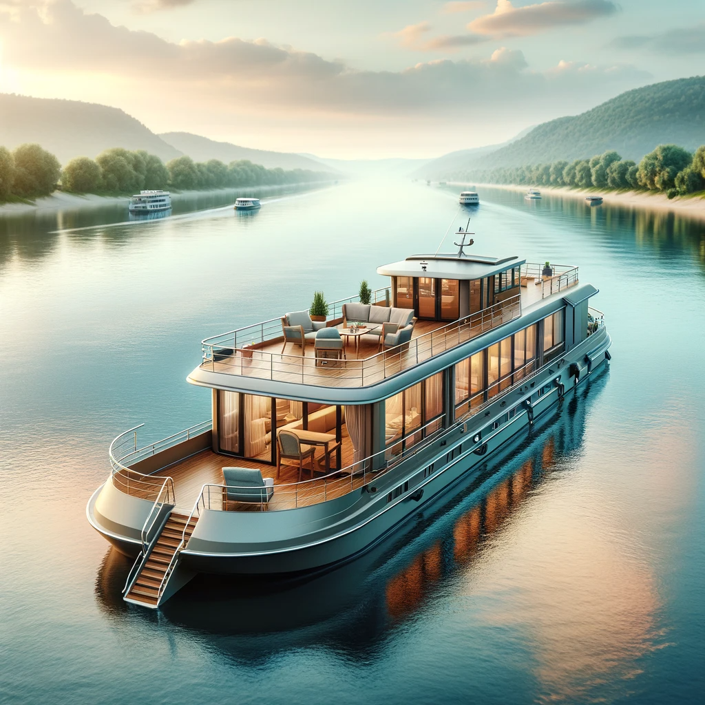 Respite Solutions for Persons with Care and Support Needs: Unique Breaks and Fun-Filled Activities 3 Here is the image of a river cruiser boat designed to be suitable for people with accessibility issues. The boat is shown on a calm river, highlighting its accessible features and the serene natural environment surrounding it.