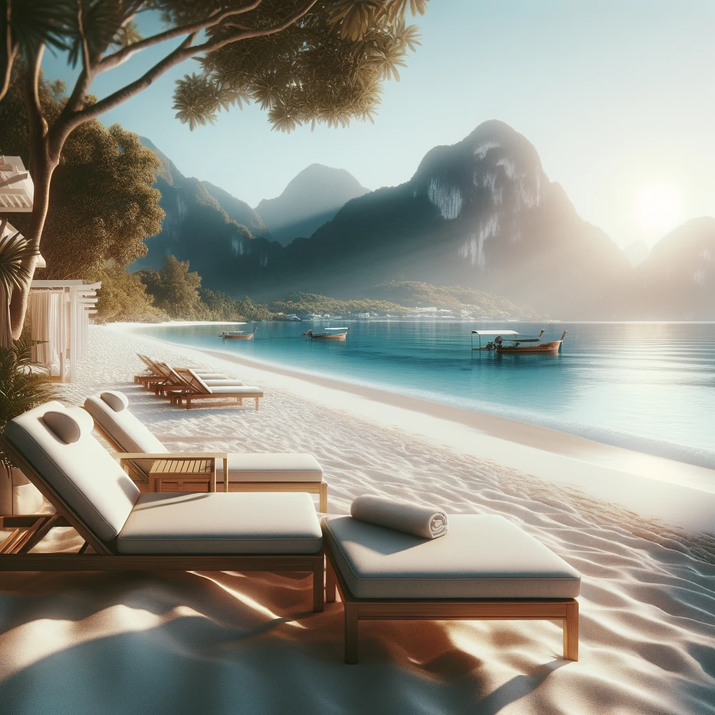 Respite Solutions for Persons with Care and Support Needs: Unique Breaks and Fun-Filled Activities 5 An image of a serene beach setting, showcasing sun loungers and a picturesque seaside. The beach should appear inviting and peaceful, with clear blue
