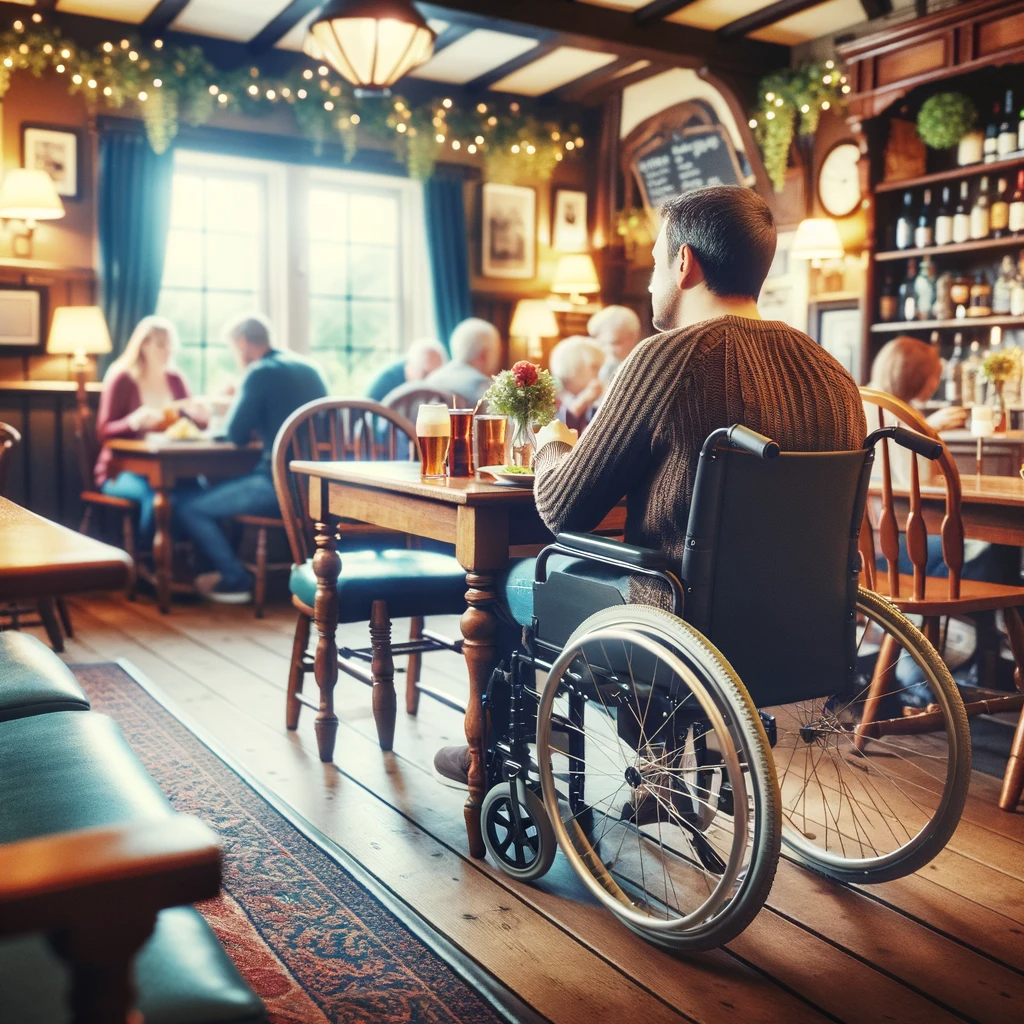 Respite Solutions for Persons with Care and Support Needs: Unique Breaks and Fun-Filled Activities 9 DALL·E 2024 01 15 12.41.25 An image of a cozy pub interior including a wheelchair user enjoying a meal. The scene should depict a traditional pub atmosphere with wooden furnish