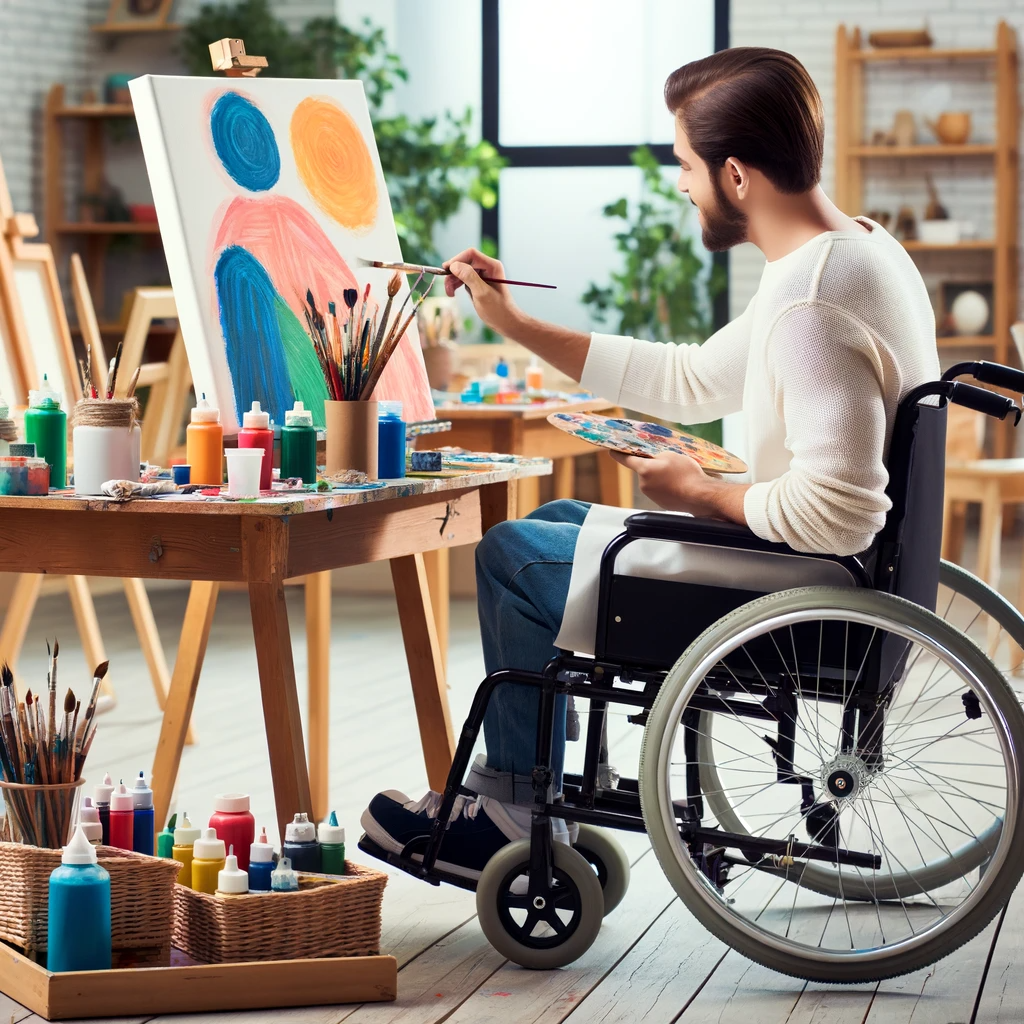 Respite Solutions for Persons with Care and Support Needs: Unique Breaks and Fun-Filled Activities 7 DALL·E 2024 01 15 12.44.11 An image of an arts and crafts scene with a wheelchair user actively participating in painting. The setting should be an artistic workspace showing t