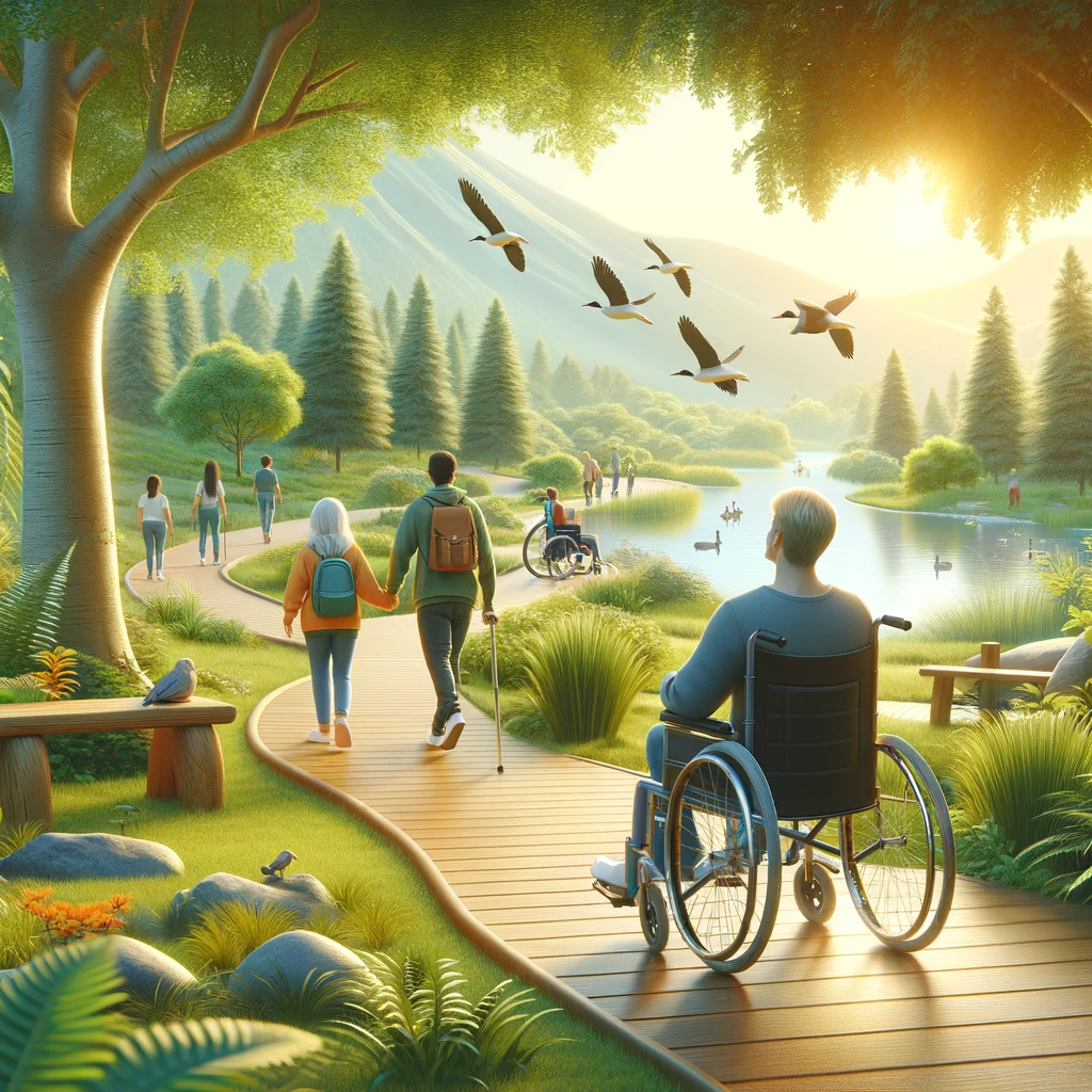 Respite Solutions for Persons with Care and Support Needs: Unique Breaks and Fun-Filled Activities 10 The scene shows a wheelchair-friendly nature trail or park, with young adults in wheelchairs actively participating in the outdoor activities. The image is designed to convey a sense of active participation, inclusivity, and the joy of exploring the outdoors for these young adults.